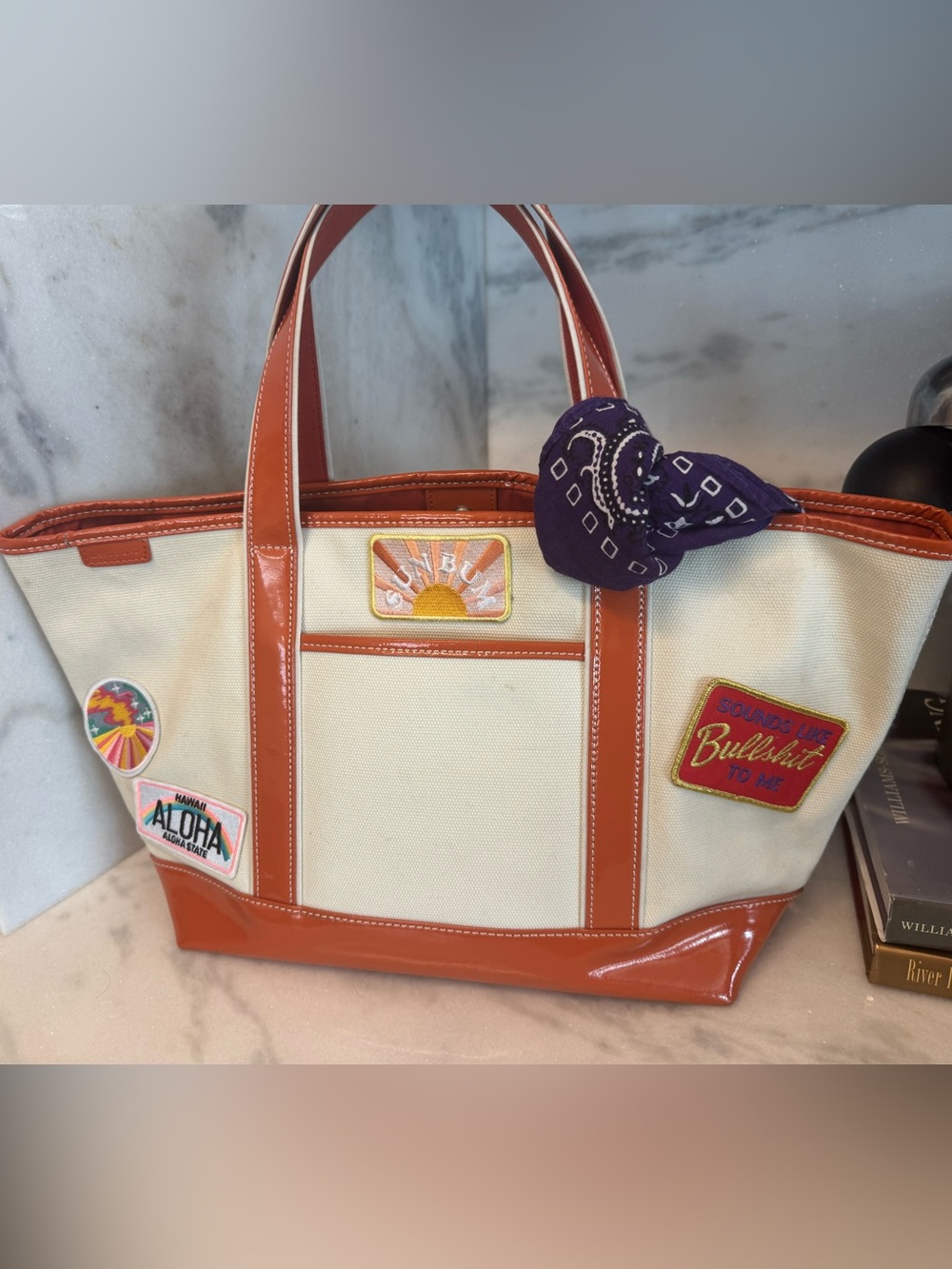 Lands End tote with summer vibe patches